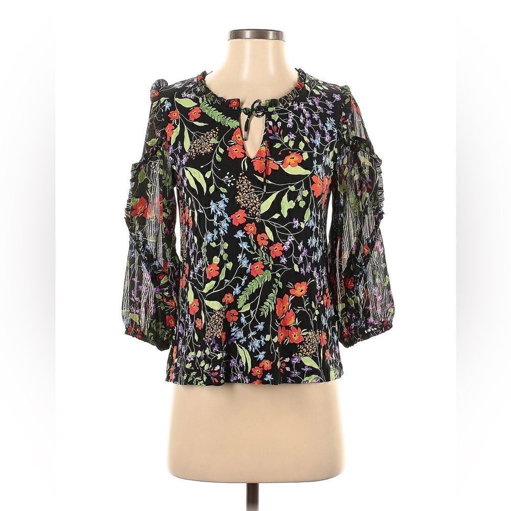 NWOT Anthropologie Maeve Floral Sheer Metallic Sleeves Boho Tunic Top Small
